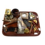 Assorted collectables including carriage clock, silver case for pocket watch, nut crackers, opera