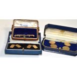 Two pairs of 9 carat gold cufflinks, cased; and a bar brooch stamped '15CT', length 5.5cm. Two pairs