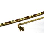 A 9 carat gold fancy link bracelet, length 21cm; and a 9 carat gold curb bracelet with a cat