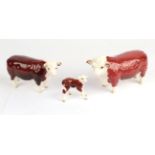 Beswick Cattle Comprising: Hereford Bull, First Version, model No. 1363A, Hereford Cow, model No.