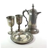 A James Dixon pewter flagon; two goblets; and a plate