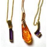 A 9 carat gold amethyst pendant on a 9 carat gold chain, pendant length 1.6cm, chain length 46cm; an