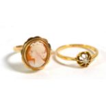 An 18 carat gold diamond solitaire ring, finger size; and a 9 carat gold cameo ring, finger size