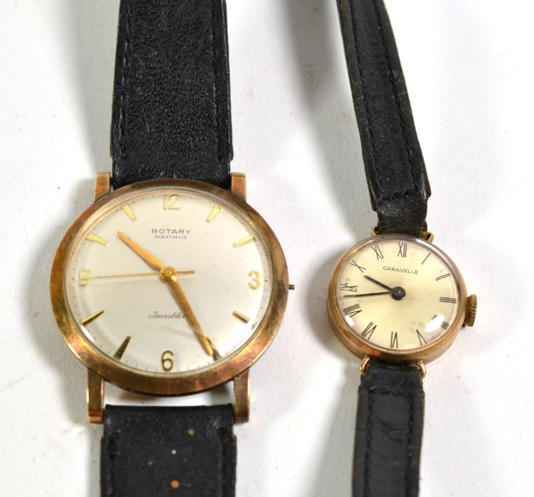 A lady's 9 carat gold wristwatch, signed Caravelle and a gents 9 carat gold Rotary wristwatch