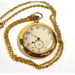 An 18 carat gold open faced pocket watch, with attached yellow metal chain