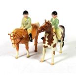 Beswick Girl on Pony, model No. 1499, Skewbald gloss and Boy on Pony, model No. 1500, Palomino gloss