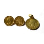 A double half shield back sovereign brooch; and a Queen Victoria medallion . Gross weight - 18.9