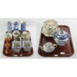 A collection of late 19th/early 20th century ceramics including blue and white sleeve vases, other