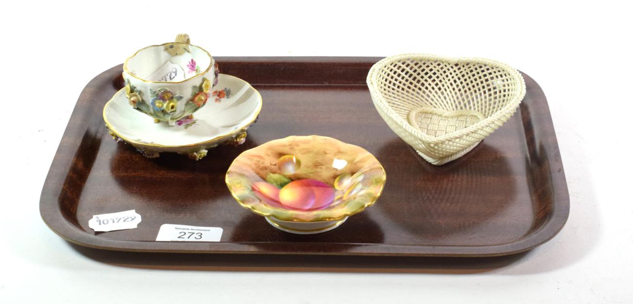 A Meissen miniature cabinet cup and saucer (a.f.); with a Royal Worcester hand painted dish,