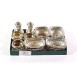 A six-piece silver condiment-set, the salts Chester and Birmingham, the pepperettes Chester,1897,
