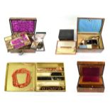 A jewellery box; a writing slope; an inlaid box; and a sewing box with key and contents including
