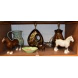 Two Poole Pottery lustre table lamps; two Beswick shire horses and a pony; a Beswick jug and a