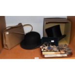 A gents top hat by Isaac Searth, Guisborough; a bowler hat; ostrich skin handbag; together with