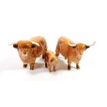Beswick Cattle Comprising: Highland Bull, model No. 2008, Highland Cow, model No. 1740 and
