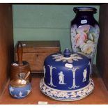 A Jasperware blue and white cheese dome; a presentation mallet dated 1899; a tea caddy; a floral