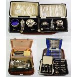A quantity of cased silver and silver-plate including: a George V silver condiment-set, by Elkington