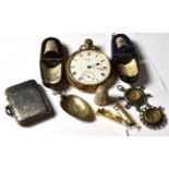 Three silver thimbles; a silver vesta case; a Waltham pocket watch; a running fox and hunting horn