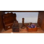 Early 19th century Provincial candle box; pipe rack; turned oak candlesticks etc