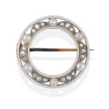 An Early 20th Century Diamond and Pearl Hoop Brooch, the hoop with white enamel borders, six