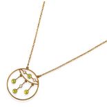 A Peridot and Seed Pearl Pendant on Chain, four round brilliant cut peridots in yellow millegrain