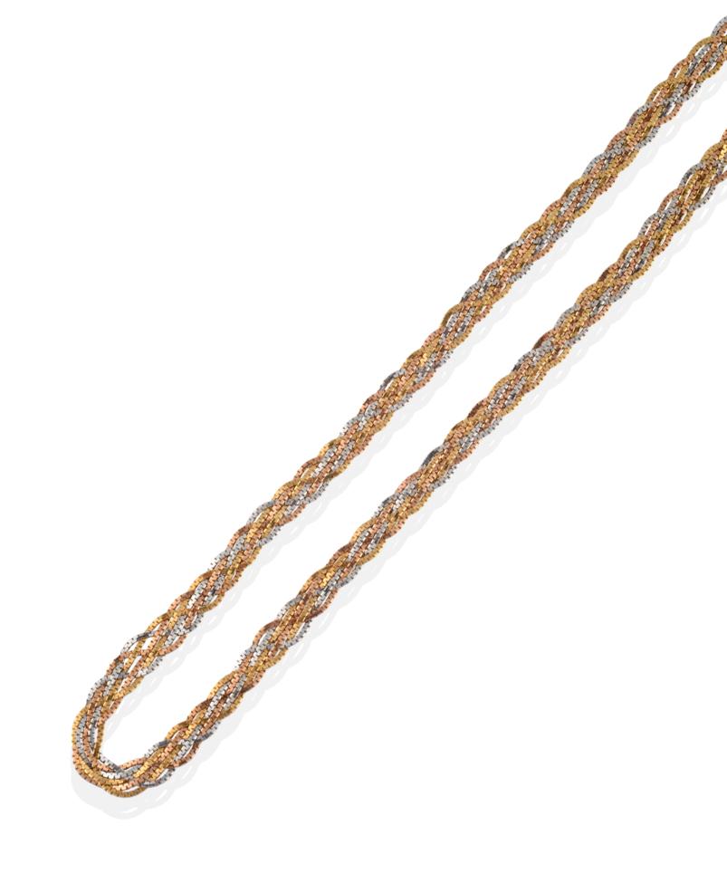 A Tri-Coloured Fancy Link Necklace, six entwined white, yellow and rose coloured flattened box