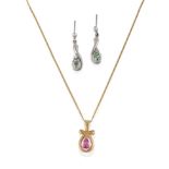 A 9 Carat Gold Pink Sapphire Pendant on 9 Carat Gold Chain, a pear cut pink sapphire in a yellow