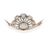 An Opal and Diamond Brooch, a crescent form set with a round cabochon opal and graduated old cut