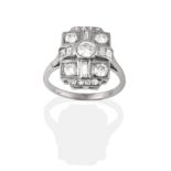 An Art Deco Style Diamond Cluster Ring, the plaque form inset with round brilliant and baguette