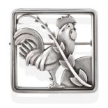 A Silver Brooch, by Georg Jensen, depicting a cockerel behind foliage within a square border,