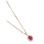 A Padparadscha Sapphire and Diamond Cluster Pendant on Chain, the oval cut sapphire within a