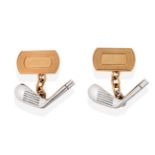 A Pair of 9 Carat Two Colour Gold Golf Club Cufflinks, a yellow oblong engine-turned panel chain