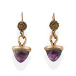 A Pair of Amethyst Drop Earrings, the oval cabochon amethyst in a yellow rubbed over setting