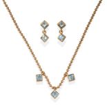 A 9 Carat Gold Aquamarine Necklace and Earring Set, the necklace of bead links with three square