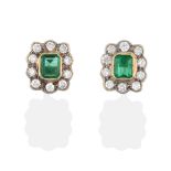 A Pair of Emerald and Diamond Cluster Stud Earrings, the emerald-cut emeralds in yellow collet