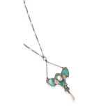An Enamel Pendant on Chain, the panel enamelled in turquoise with seed pearls set throughout,