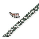 An Aventurine Quartz Necklace, spherical aventurine quartz beads with white metal cup mounts, length