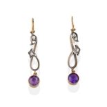 A Pair of Amethyst and Diamond Drop Earrings, two rose cut diamonds in white claw and rubbed over