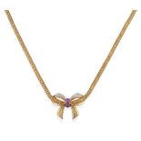 A 9 Carat Gold Amethyst and Diamond Necklace, a bow motif set centrally with two round brilliant cut