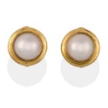 A Pair of Mabe Pearl Earrings, the large round mabe pearl in yellow collet mounts, diameter 1.9cm,