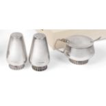 An Elizabeth II Three-Piece Silver Condiment-Set, by Camelot Silverware, Sheffield, 1977, plain on a