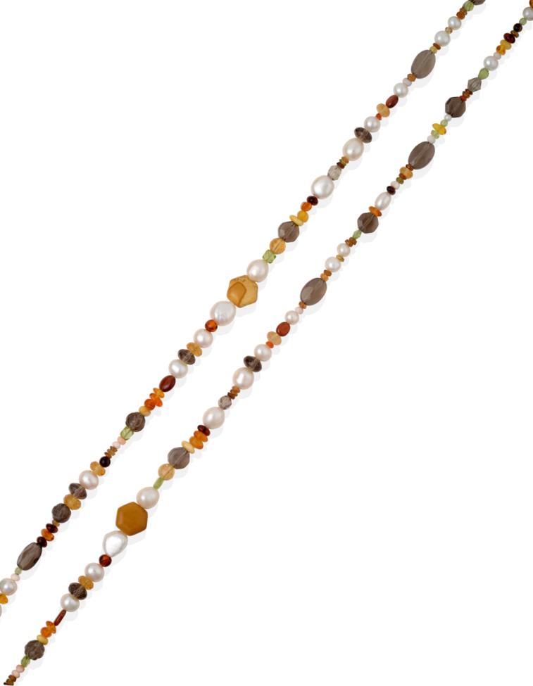 A Multi-Gemstone Bead Necklace, cultured pearls spaced by orange sapphire, peridot, smoky quartz,