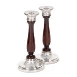 A pair of Elizabeth II Silver-Mounted Turned-Wood Candlesticks, The Silver Mounts by Barker Ellis