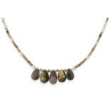 A Zircon, Emerald, Labradorite and Cultured Pearl Necklace, faceted champagne zircon beads and