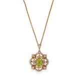 A Peridot and Split Pearl Pendant/Brooch, an emerald-cut peridot in a yellow claw setting, within