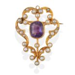 An Amethyst and Seed Pearl Brooch/Pendant, a cushion cut amethyst in a yellow millegrain setting,