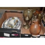 Salt glazed stoneware flagon, other flagons, transfer printed pottery hot water bottle, meat