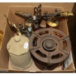 Sandstone box and cover, a quantity of assorted brass, including a pair fireside ornaments