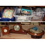 A quantity of metal wares, door knobs, pewter, mantel clock, wall clock, eight day mantel timepiece,