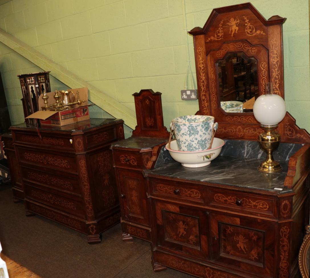 A mid 19th century Italian rosewood, marquetry and marble top four piece bedroom suite, comprising a