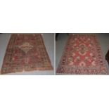 ^ Kuba Rug, the madder field with a stepped medallion framed by borders of guls, 160cm by 120cm;